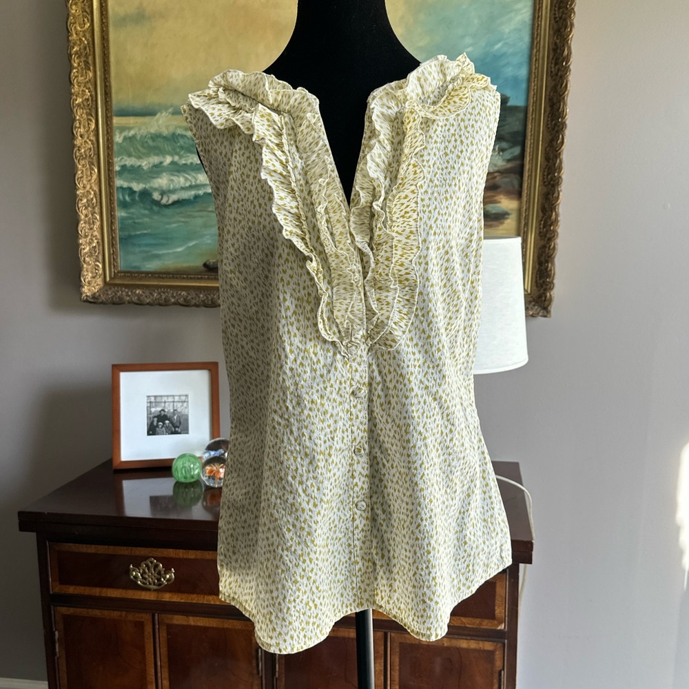 LOFT Ruffled Button-Down Blouse - white and light green